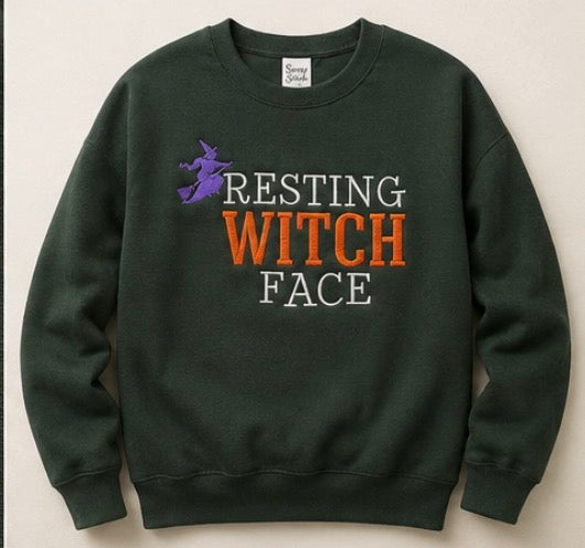 Resting Witch Face Embroidered Crewneck | Halloween Sweatshirt