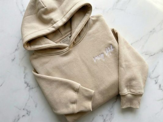 Minimalist Embroidered Hoodie – Sassy Stitch Script | Premium Neutral Pullover | Luxe Everyday Sweatshirt