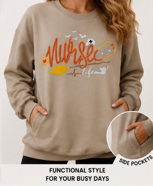 Spooky Nurse Life | Embroidered Halloween Sweatshirt & Hoodie