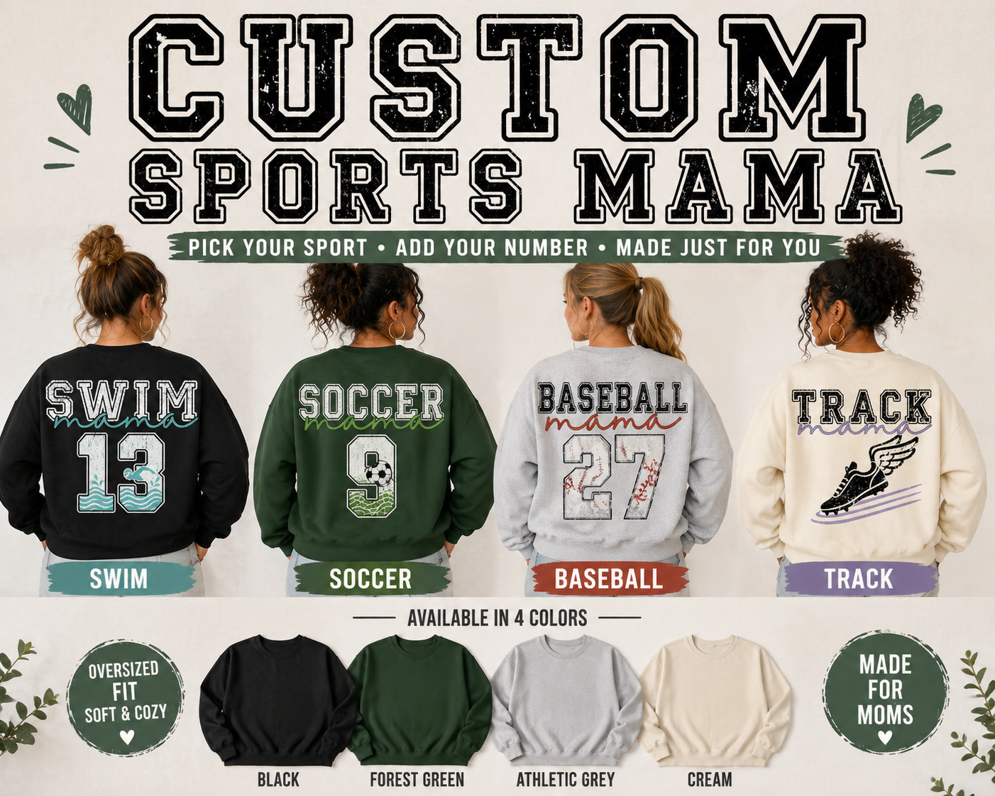 Custom Sports Mama Crewneck | Swim, Soccer, Baseball, Track | Add Your Number | Oversized Varsity Sweatshirt