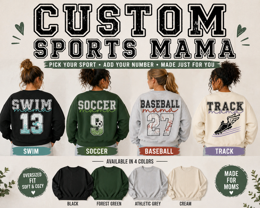 Custom Sports Mama Crewneck | Swim, Soccer, Baseball, Track | Add Your Number | Oversized Varsity Sweatshirt