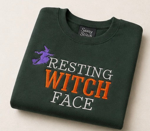 Resting Witch Face Embroidered Crewneck | Halloween Sweatshirt
