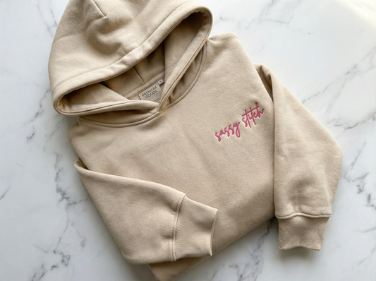 Minimalist Embroidered Hoodie – Sassy Stitch Script | Premium Neutral Pullover | Luxe Everyday Sweatshirt