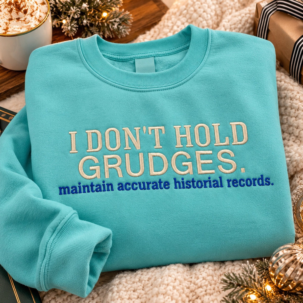 Chalky Mint Comfort Colors I Don't Hold Grudges crewneck with tusk and blue embroidered lettering