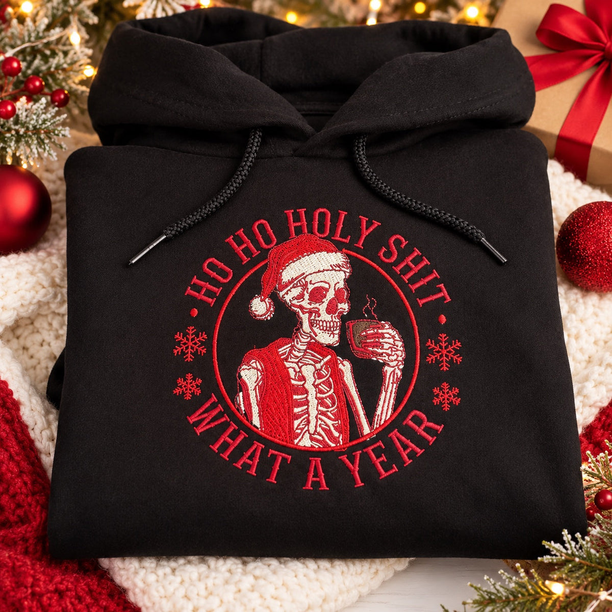 Black Ho Ho Holy Shit What a Year embroidered skeleton hoodie holiday product photo
