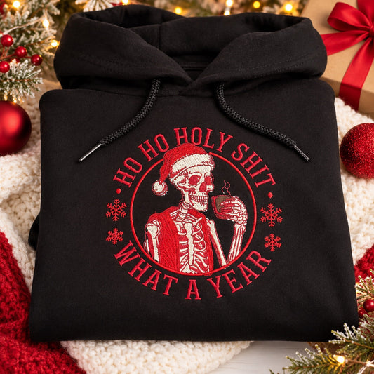 Black Ho Ho Holy Shit What a Year embroidered skeleton hoodie holiday product photo