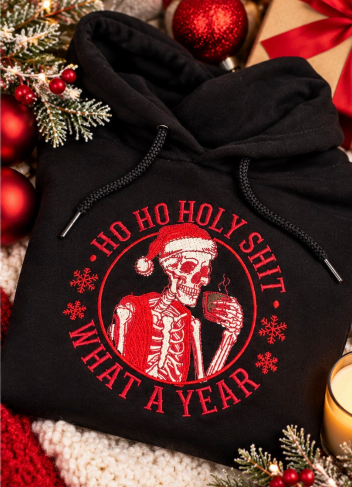 Ho Ho Holy Shit skeleton embroidery on festive black hoodie
