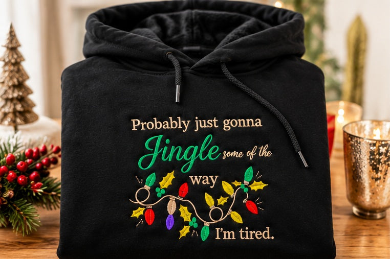 Styled Jingle holiday embroidered black hoodie