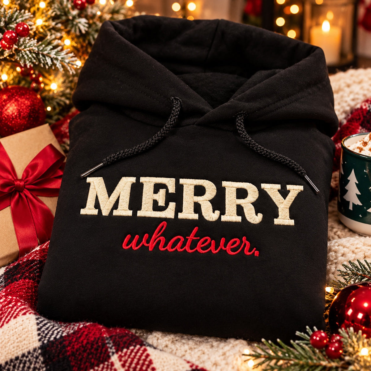 Black Merry whatever embroidered sweatshirt with cozy holiday decorations