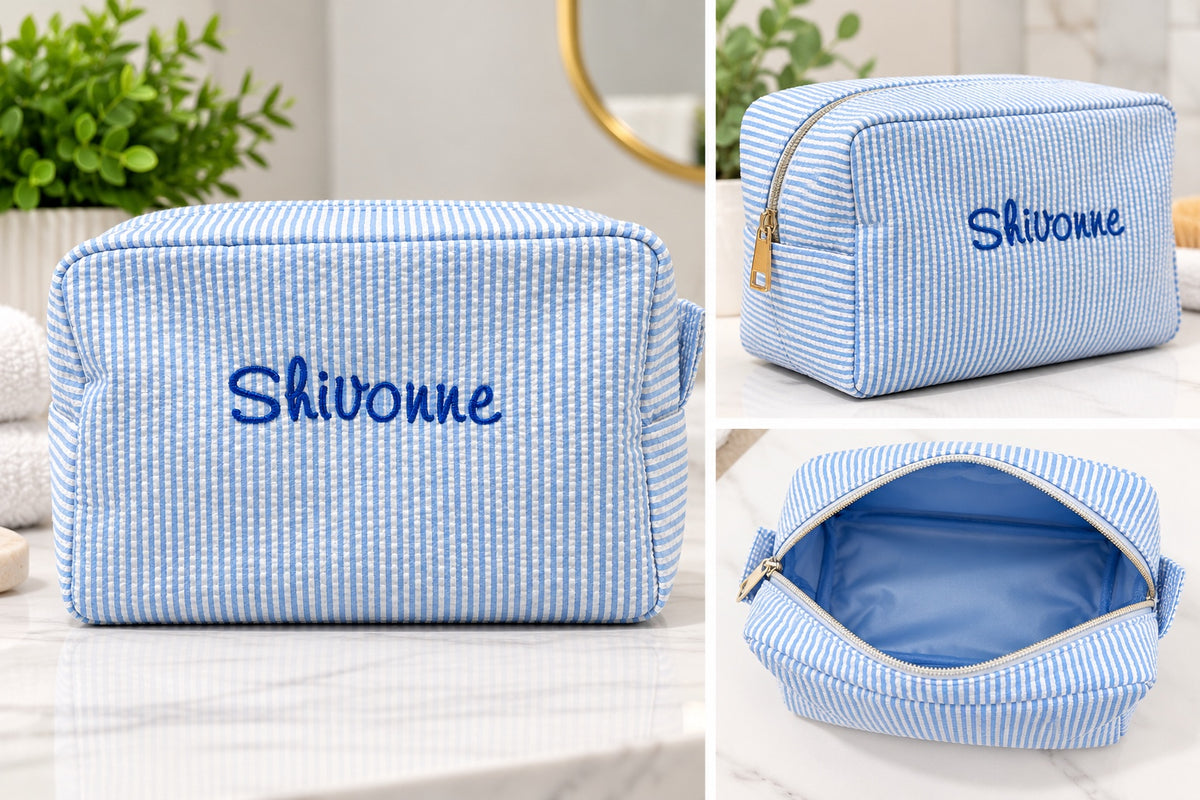 Seersucker cosmetic bag front, angled view and zippered interior
